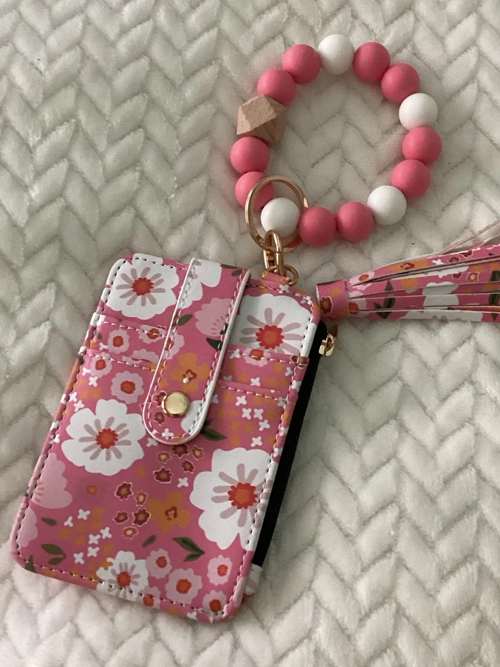 Pink Floral Kids Wristlet Cardholder with Beaded Keyring